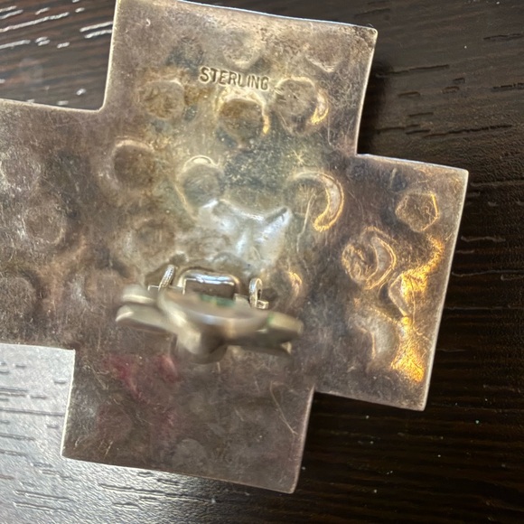 Vintage Sterling Cross Clip Earrings with Green Turquoise Cabochons - Picture 3 of 7